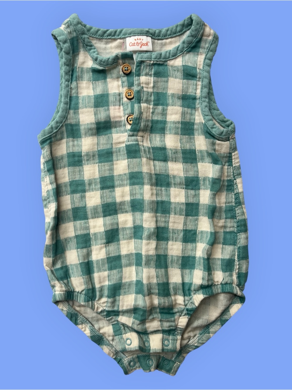 Cat & Jack 12M Green Gingham 100% Cotton Gauze Bubble Romper Sleeveless